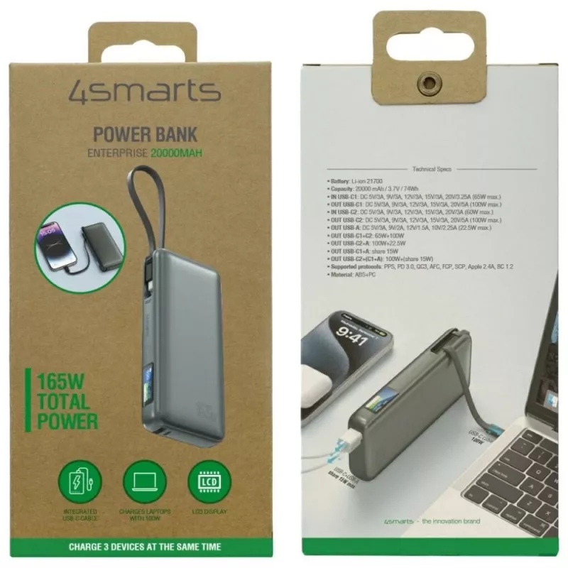 Powerbank 4smarts 541603 — Li‑Ion 20000 mAh, USB‑C + USB‑A, 165W potência total, 5A, cinzento