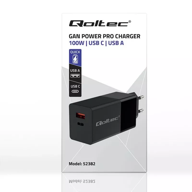 Carregador Qoltec 52382 GaN POWER PRO | 1xUSB Type C | 1xUSB A | 100W | 5-20V | 1.5-5A | PD | preto