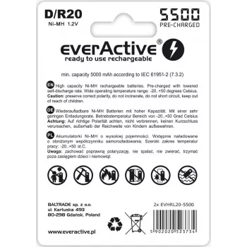 Pilha recarregável everActive EVHRL20-5500 D NiMH 1,2 V 5500 mAh, pack de 2