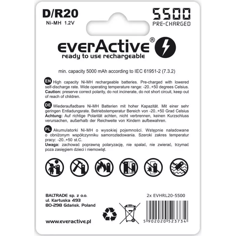 Pilha recarregável everActive EVHRL20-5500 D NiMH 1,2 V 5500 mAh, pack de 2