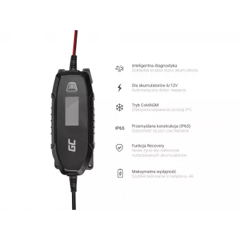 Carregador de pilhas Green Cell 6V 12V 4A com função de diagnóstico