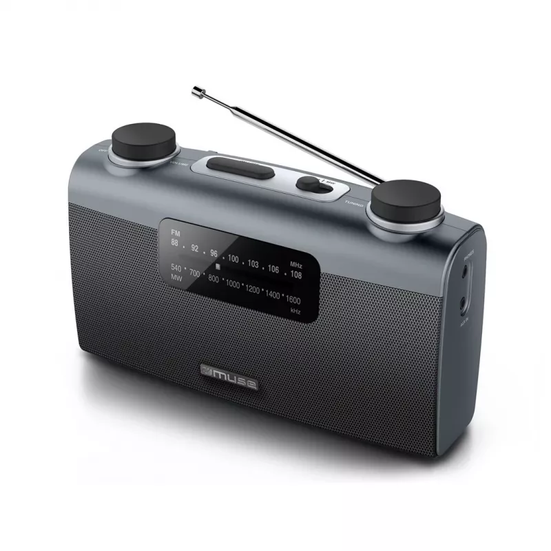 Rádio portátil Muse M-058 R — AM/FM, controlo de volume por botão rotativo, a pilhas ou corrente (230V, 50Hz), Preto/Cinzento