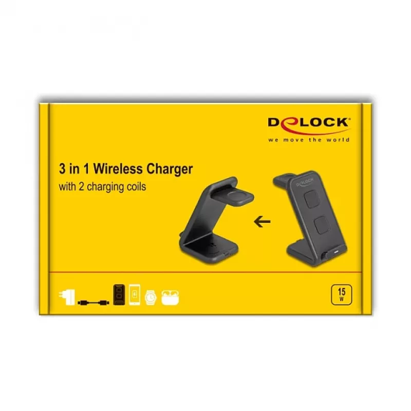 DELOCK 66941 Carregador sem fios 3-em-1 para smartphone smartwatch auscultadores USB Type-C 15 W interior preto