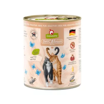 Comida húmida para gatos Fox4Pets DeliCATessen Pur vitela 800 g lata, adulto, alimento completo, hipoalergénico, sem glúten e soja