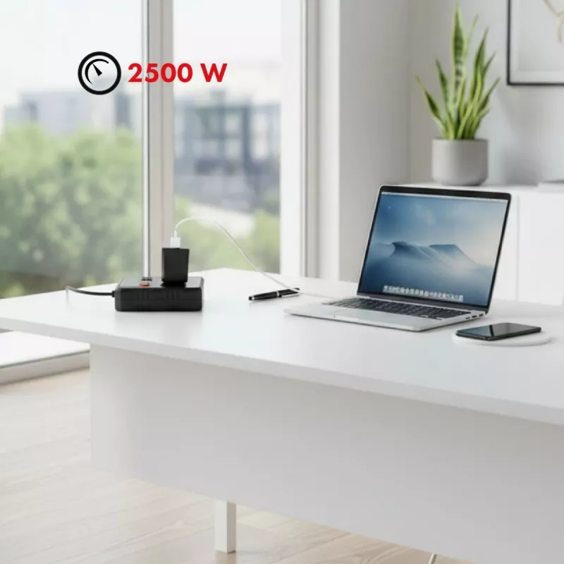 Extensão elétrica MACLEAN MCE387 B — 2 tomadas, 3×USB A, 110–240 V, cabo de 1,5 m, máx. 2500 W
