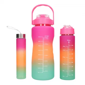Garrafa de água motivacional Extralink 3W1 conjunto rosa-laranja 2000ML+900ML+300ML