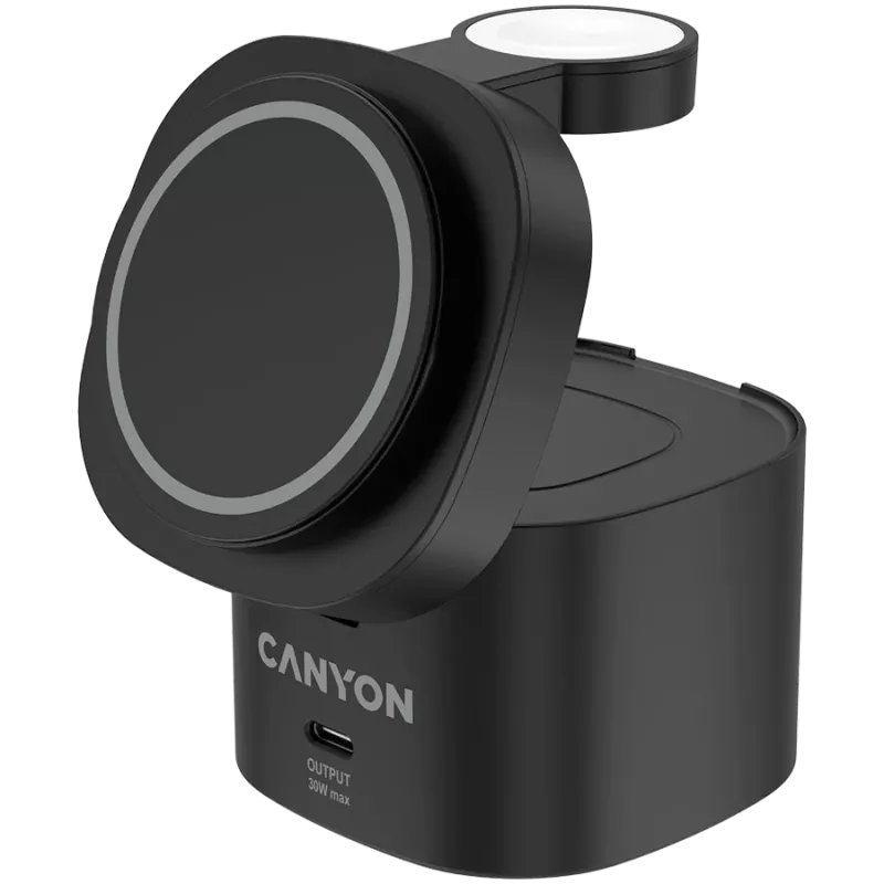 Suporte de carregamento sem fios 4-em-1 Canyon, 30W máx, tamanho: 70x70x70,3 mm, peso: 414 g, com carregador de 65W e cabo de 1 m, preto