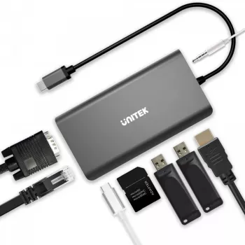 UNITEK uHUB O8+ Hub USB 3.2 Gen 1 Type-C com fio, Cinzento, 100W Power Delivery