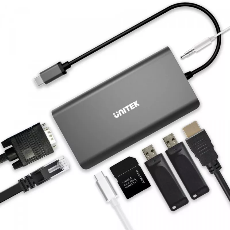 UNITEK uHUB O8+ Hub USB 3.2 Gen 1 Type-C com fio, Cinzento, 100W Power Delivery