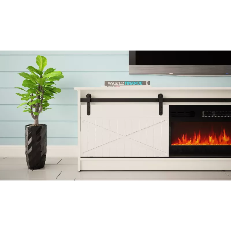 Móvel de TV com lareira elétrica Cama Meble modelo GRANERO RTV GRANERO + KOM B/B, 200 x 56,7 x 35 cm, branco/branco brilhante, 2 portas, 2 prateleiras, MDF/aglomerado