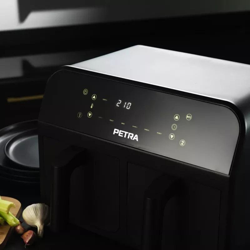 Fritadeira de ar quente Petra PT4750BLKVDEEU7, câmara dupla, capacidade 3,7 L, preta