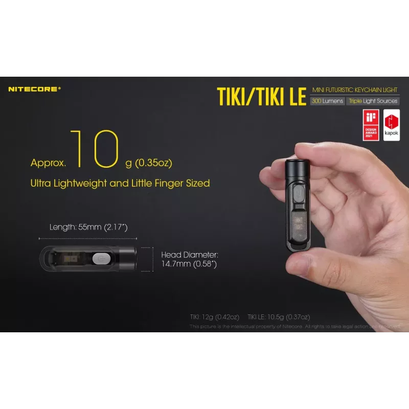 Lanterna de mão Nitecore TIKI LE — 300 lm, recarregável por USB, policarbonato, IP66, resistente a impactos, 10,5 g, 55 mm, preta