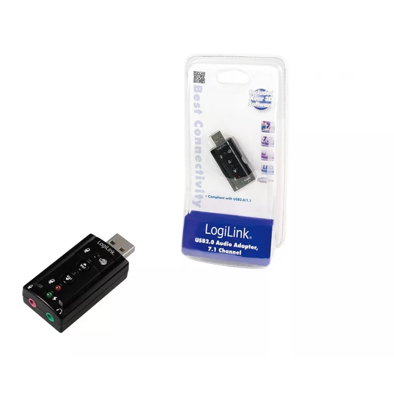 Placa de som USB externa LOGILINK UA0078, 7.1 canais, interface USB, compacta 124×194×34 mm, 80 g