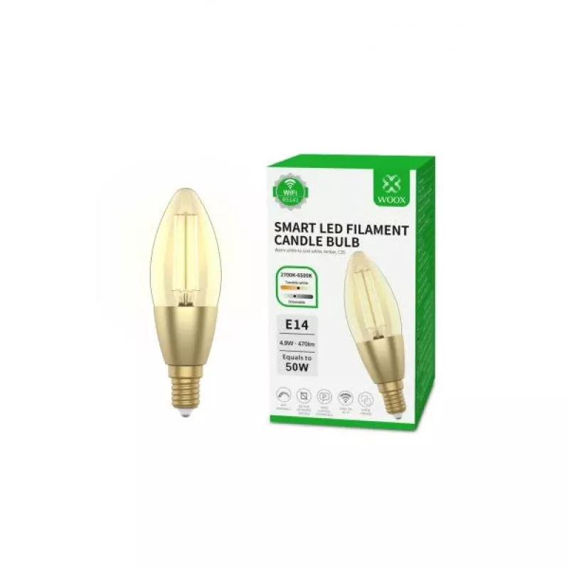 Lâmpada LED filamento inteligente WOOX R5141 Smart Candle C37, Wi-Fi, E14, 4,9W, 470 lm, branco quente 2700K