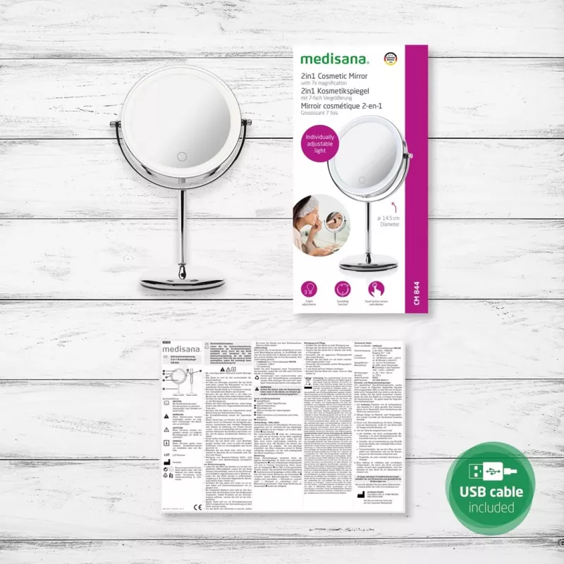 Espelho de maquilhagem de pé Medisana CM 844 controlo tátil LED, ampliação 7×, bateria integrada 1000 mAh, luz tricolor regulável