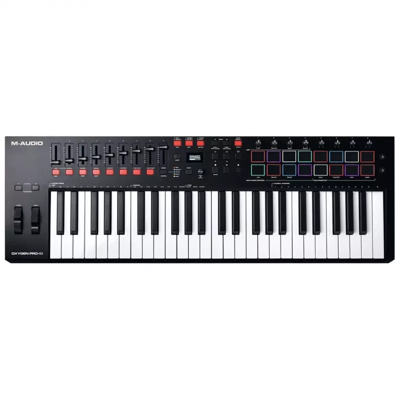 Controlador de teclado MIDI M-Audio Oxygen Pro 49 — 49 teclas, 16 pads, 9 faders, ecrã OLED, USB, MIDI-Out