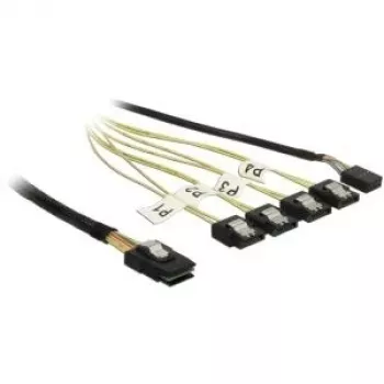 Cabo interno Mini-SAS para 4×SATA DELOCK 0,5 m — Mini SAS SFF-8087 para 4×SATA 7p, preto/prateado/amarelo