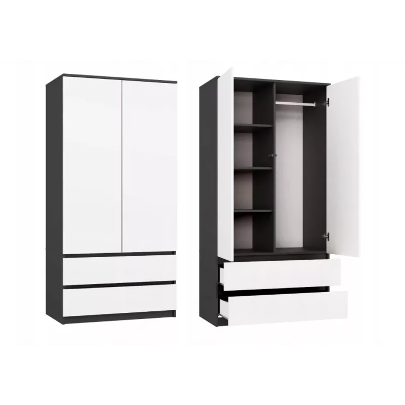 Guarda-roupa top e shop MALWA SS-90, 90×180×50 cm, estrutura antracite, portas de batente brancas, 2 gavetas, laminado 16 mm