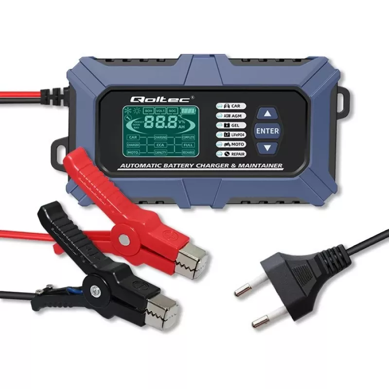 Carregador de bateria inteligente com microprocessador Qoltec com testador de bateria e função de reparação 12V | 6A | LCD | Carregador de bateria para bateria AGM LiFePO4 GEL