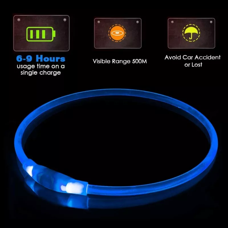 Coleira LED KABB azul para cães e gatos – recarregável, coleira de segurança ajustável com iluminação