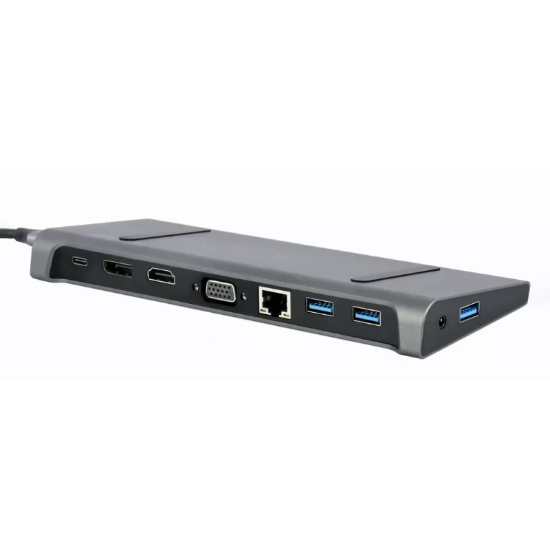 Dock para portátil Gembird A-CM-COMBO9-02 USB 3.2 Gen 1 Type-C, HDMI, VGA, 3×USB-A, Gigabit Ethernet, 87W PD, cinzento