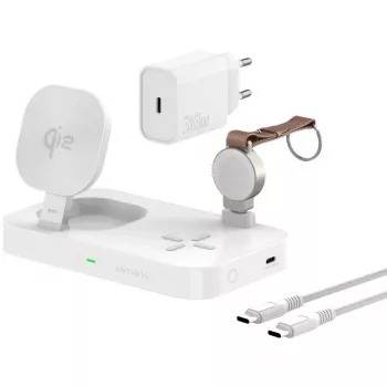 4smarts 540994 Trident estação de carregamento sem fios Qi2 3 em 1 com carregador para Apple Watch, adaptador de corrente de 30 W, compatível com MagSafe, USB-C, carregamento rápido, branca