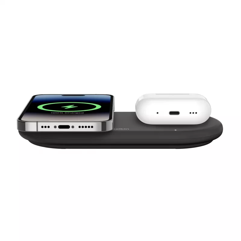 Belkin WIZ021VFBK – Estação de carregamento sem fios 2 em 1 com tecnologia Qi2 15 W, preto