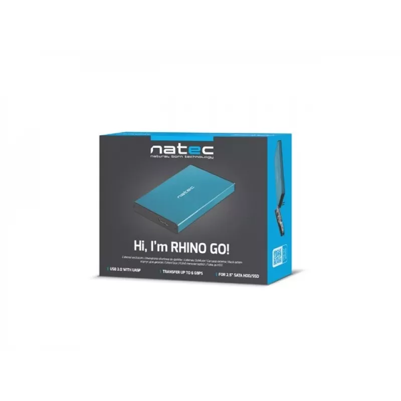 Caixa externa para HDD/SSD NATEC Rhino GO 2,5 polegadas — USB 3.0, SATA III, até 4 TB, 9,5 mm, alumínio, azul