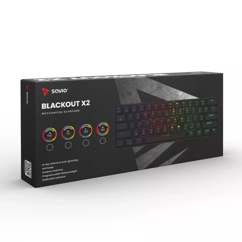 Teclado gaming mecânico SAVIO BLACKOUT X2 PEACH — 61 teclas 60 % QWERTZ, RGB LED, hot-swap, USB Type-A/Type-C, cabo removível