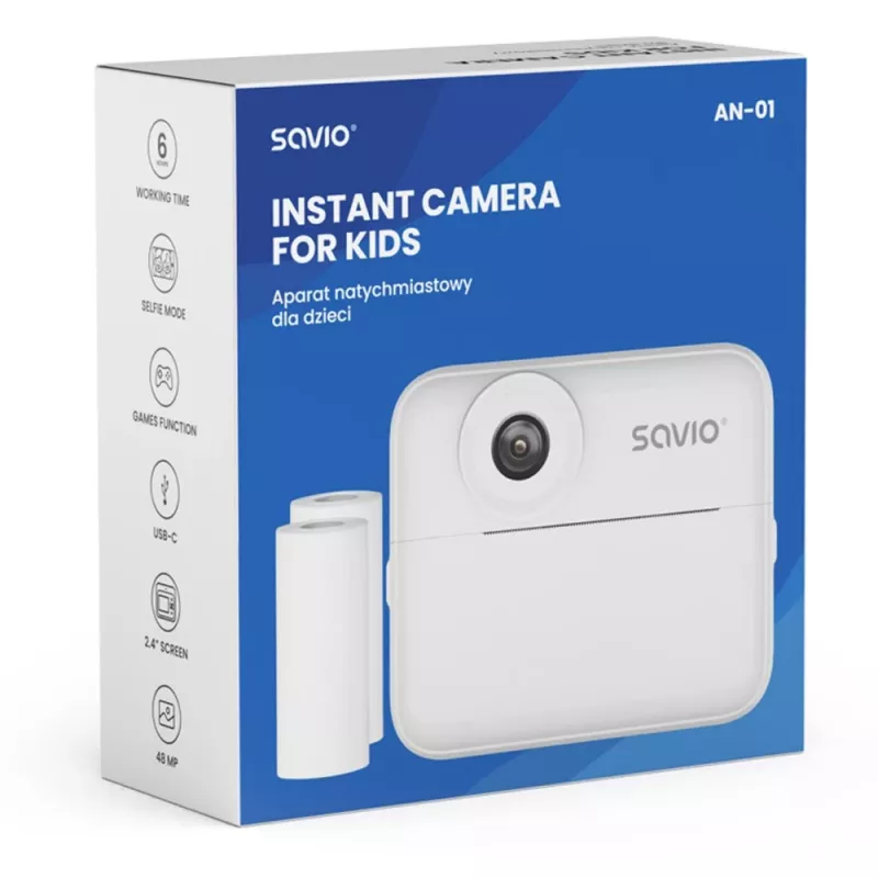 Máquina fotográfica instantânea SAVIO AN-01 para crianças, branca, LCD 6,1 cm (2,4″), MicroSDHC até 32 GB, USB-C, bateria 1200 mAh, sem flash incorporado