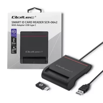 Leitor de cartões de ID QOLTEC Smart-Chip — USB, preto, 84,5×65×16 mm, 63 g