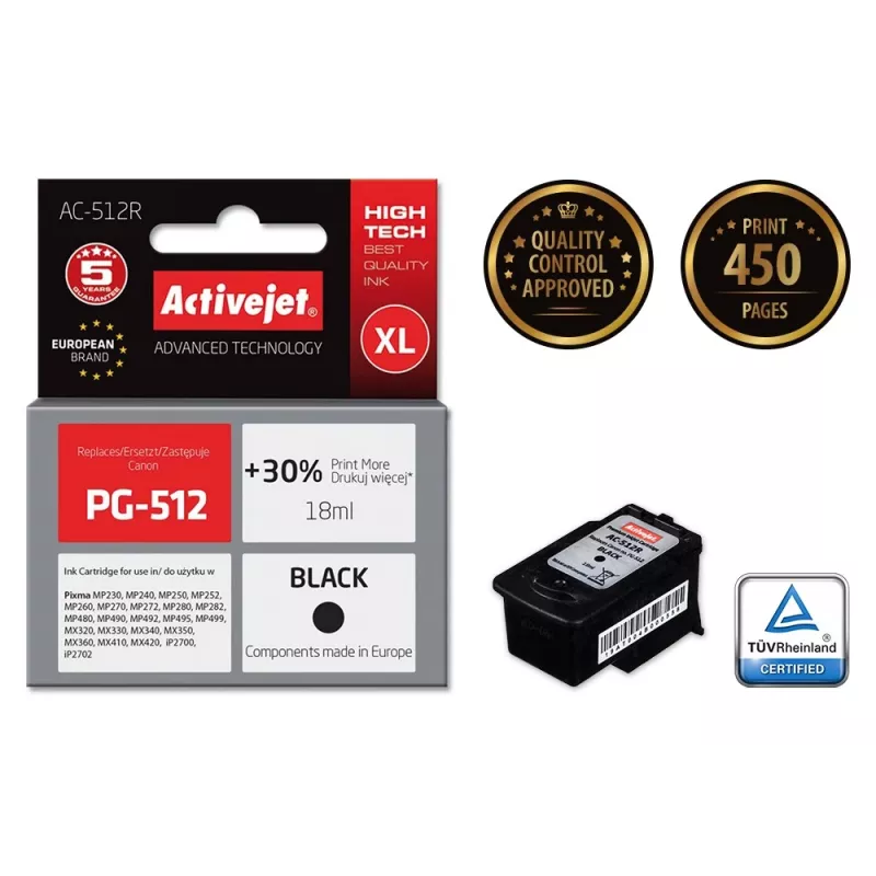 Tinteiro Activejet AC-512R (substituto para Canon PG-512; Premium; 18 ml; preto)