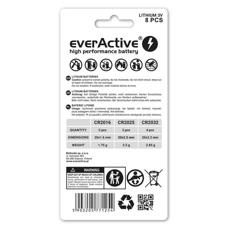 Conjunto de 8 pilhas de lítio everActive 4 x CR2032, 2 x CR2025, 2 x CR2016