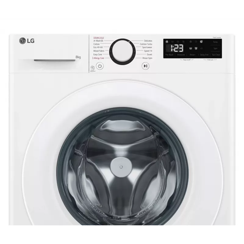 LG | Máquina de lavar roupa | F2WR508SWW | Classe de eficiência energética A-10% | Carga frontal | Capacidade de lavagem 8 kg | 1200 rpm | Profundidade 47,5 cm | Largura 60 cm | Visor | LED | Função vapor