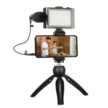 Tripé com luz LED, microfone e suporte para telemóvel Puluz PKT3132B – conjunto compacto de gravação ao vivo