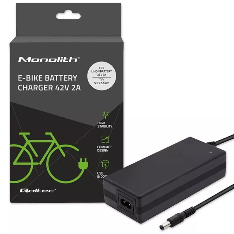 Carregador Qoltec 50761 para baterias de e-bike 36V | 42V | 2A | 5,5*2,5