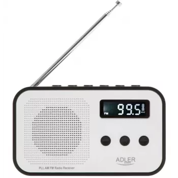 Rádio digital portátil Adler AD 1907 — FM/AM, sintonizador digital, despertador, USB-C, bateria de 600 mAh, LCD, 20 estações memorizadas, antena telescópica