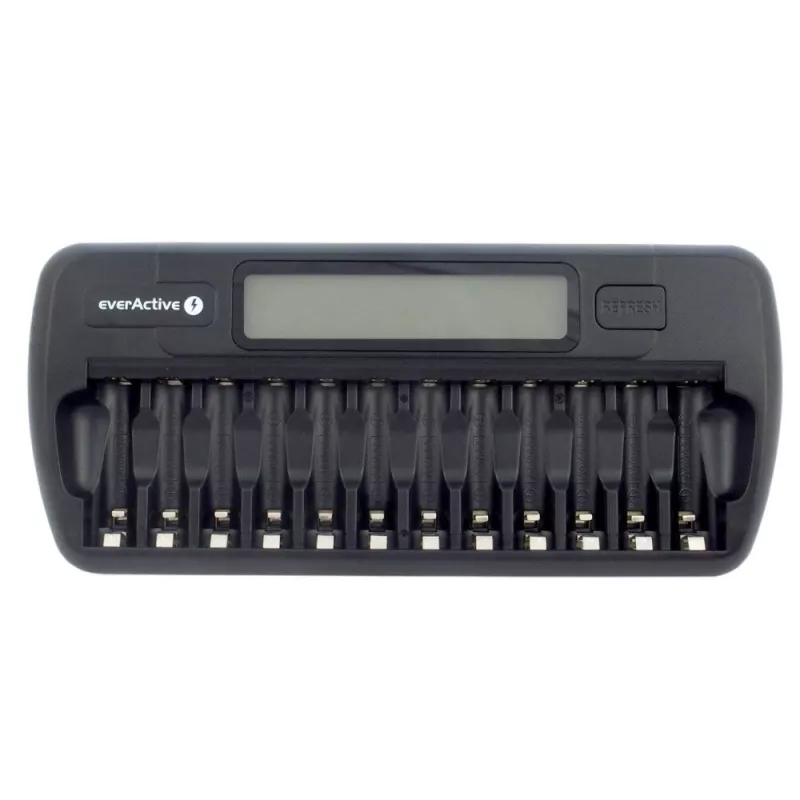 Carregador de pilhas everActive NC-1200 – carregador universal de 12 pilhas para AA/AAA, entrada de 12 V, preto