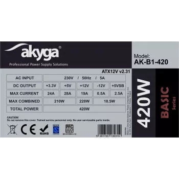 Fonte de alimentação ATX Akyga Basic AK-B1-420 420 W, ventoinha de 120 mm, PFC passivo, Cinzento