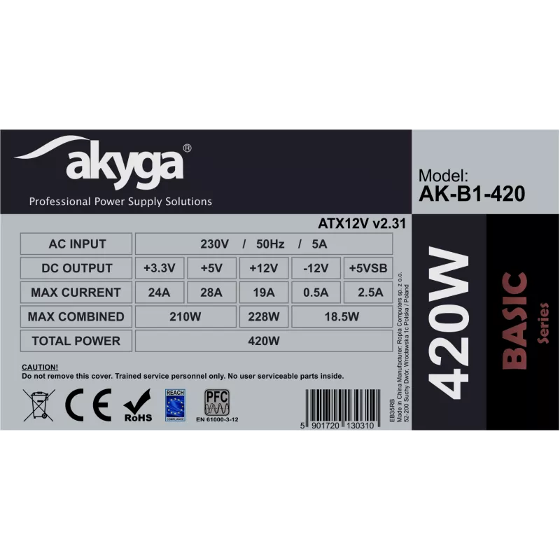 Fonte de alimentação ATX Akyga Basic AK-B1-420 420 W, ventoinha de 120 mm, PFC passivo, Cinzento