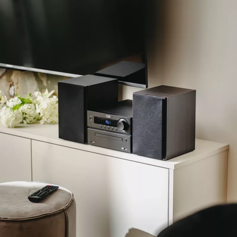 Mini sistema de alta fidelidade estéreo Adler AD 1917 — Bluetooth V5.3, CD/USB/MP3, 2×25 W RMS, sintonizador FM, equalizador de 4 bandas, AUX, preto