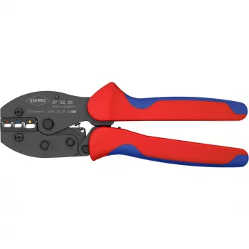 Alicate de cravar Knipex PreciForce modelo 975236 SB — punhos isolados em preto, azul e vermelho