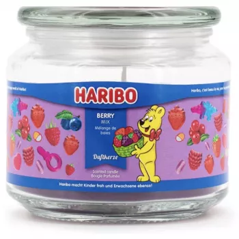 Vela de cera Haribo A2168 redonda amora-framboesa-morango, rosa, 100 mm × 100 mm, 300 g, recipiente de vidro