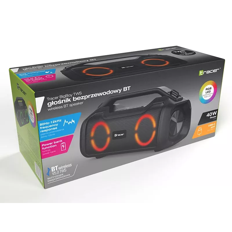 Altifalante portátil estéreo TRACER BigBoy TWS Bluetooth 40 W RMS, Bluetooth 5.3, bateria de 12 h, preto