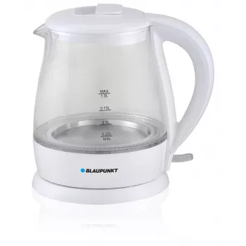 Chaleira elétrica BLAUPUNKT 1 L 1630 W branca — corpo de vidro, base de 360°, abertura por botão