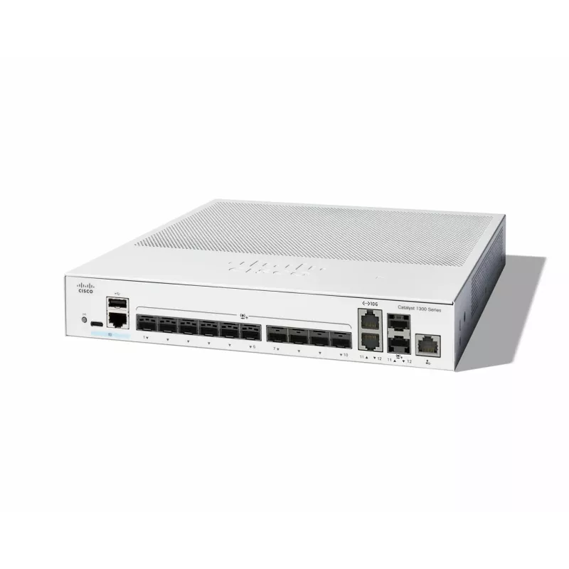 Switch de rede Cisco Catalyst C1300-12XS gerido L2/L3, 12 x 10Gb SFP+, 240 Gbit/s, 16k MAC, montagem em rack, cinzento