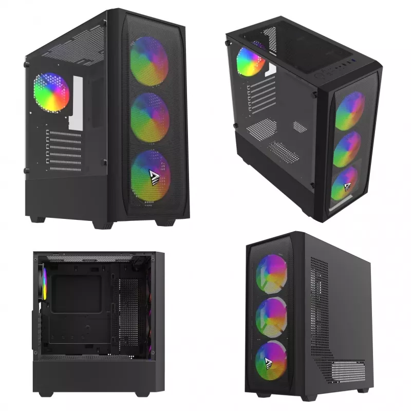 Caixa de PC SAVIO Noctis Flow RGB — Cube, ATX/Mini-ITX, 3 ventoinhas frontais de 120 mm, janela lateral em vidro temperado, GPU máx. 35 cm
