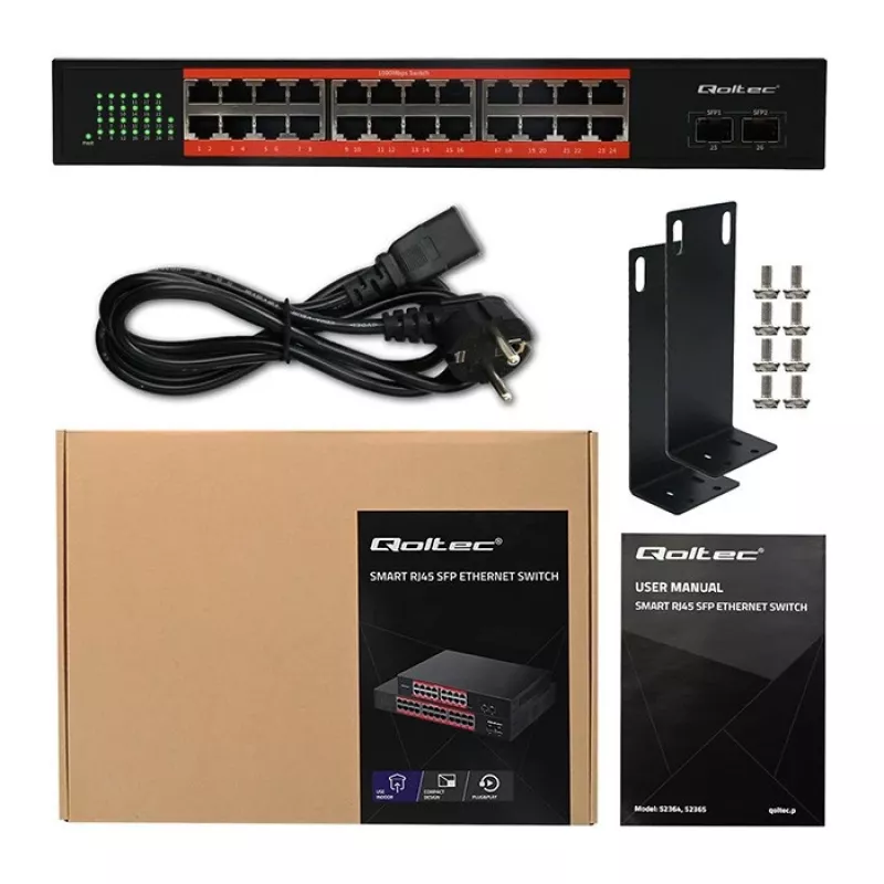 Switch de rede QOLTEC Gigabit Ethernet PoE 24xRJ45 2xSFP