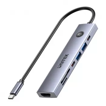 Hub USB-C Unitek H1124AGY01 com 100W PD, HDMI 2.0, 2x USB‑A, 2x USB‑C, leitor de cartões SD/microSD — alumínio