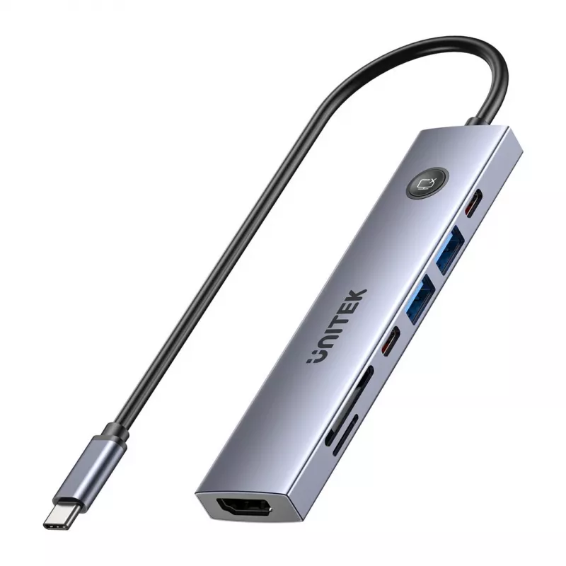 Hub USB-C Unitek H1124AGY01 com 100W PD, HDMI 2.0, 2x USB‑A, 2x USB‑C, leitor de cartões SD/microSD — alumínio